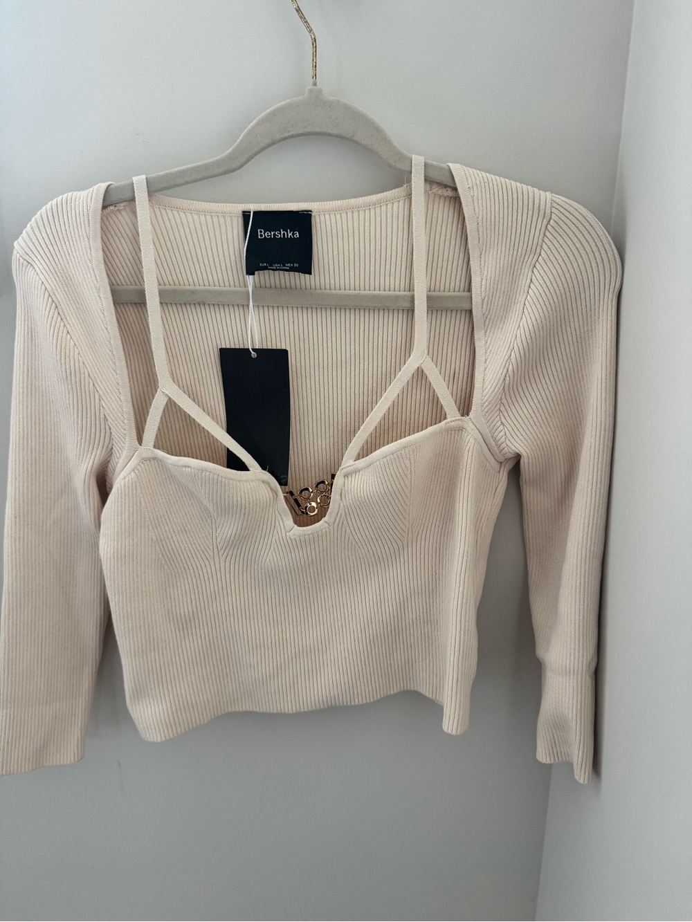 NWT - Bershka Cream Ribbed Strappy Crop Top